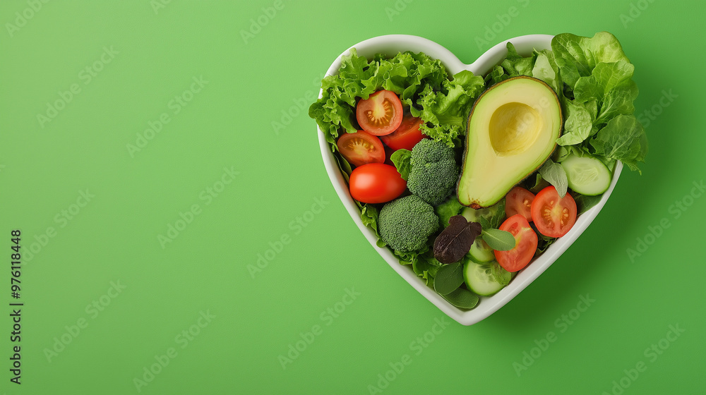Fresh vegetables like lettuce, broccoli, avocado, and tomatoes arranged in a heart-shaped bowl on a green background. Fresh vegetables like lettuce, broccoli, avocado, and tomatoes arranged in a heart-shaped bowl on a green background.