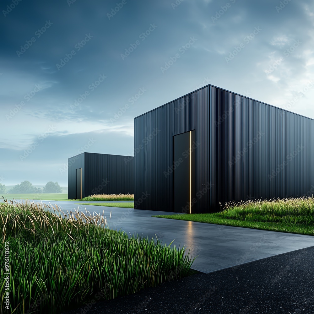 3D Modern black buildings surrounded by lush greenery under a dramatic sky, showcasing minimalist architecture in nature. 3D Modern black buildings surrounded by lush greenery under a dramatic sky, showcasing minimalist architecture in nature.