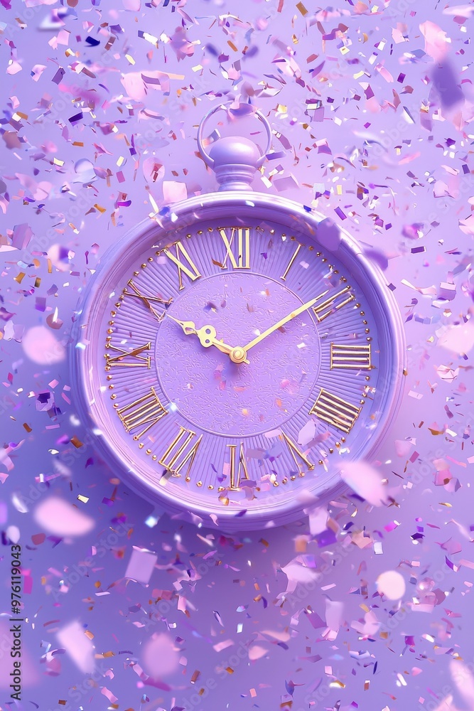 Magical purple clock with glittering confetti