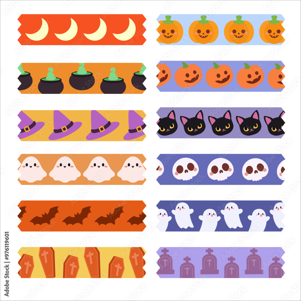 Fototapeta premium Cute Halloween Pattern Tape Set with Ghosts, Cats, and Pumpkins. Kawaii Halloween Washi Tape Designs. Spooky Patterns Collection. 