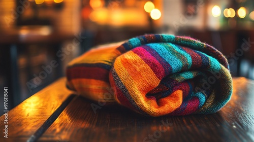 A colorful striped scarf folded neatly on a polished wooden table, set against a modern café backdrop with warm lighting