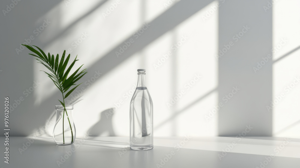 Minimalist Scene with a Water Bottle and Flowers in a Vase. Clean drinking water. AI generated image Minimalist Scene with a Water Bottle and Flowers in a Vase. Clean drinking water. AI generated image