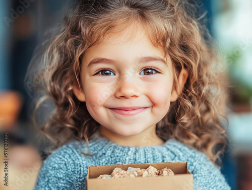 A young child giving a donation to a charity box, learning the importance of giving back and helping others. photo