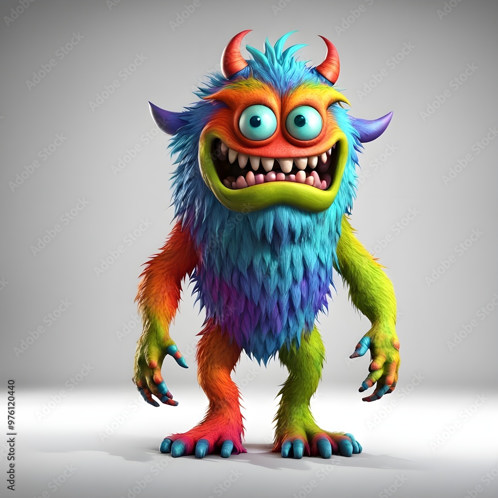 3D monster character with bold colors on white background under studio lights. 3D monster character with bold colors on white background under studio lights.