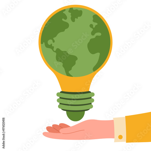 Hand holding light bulb with Planet Earth inside. Energy efficient devices. Power save and energy consumption concept. Environmental protection. Eco friendly. Sustainable living. Vector illustration.
