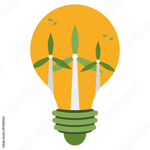Light bulb with wind generators inside. Natural resources. Green energy. Power save and energy consumption concept. Environmental protection. Eco friendly. Sustainable living. Vector illustration.