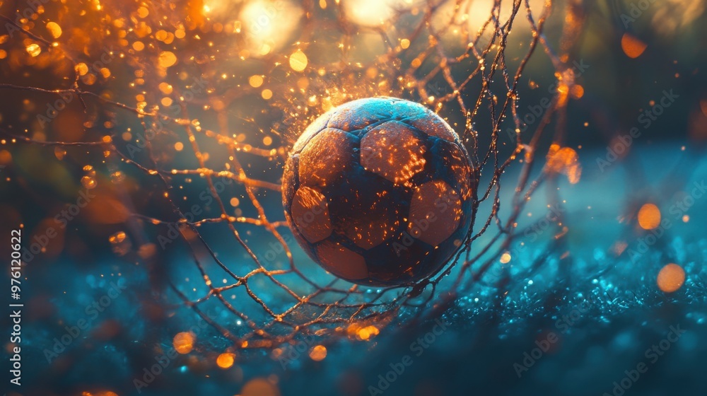 Obraz premium Soccer ball flew into the goal. Soccer ball bends the net, against the background of flashes of light. Soccer ball in goal net on blue background. A moment of
