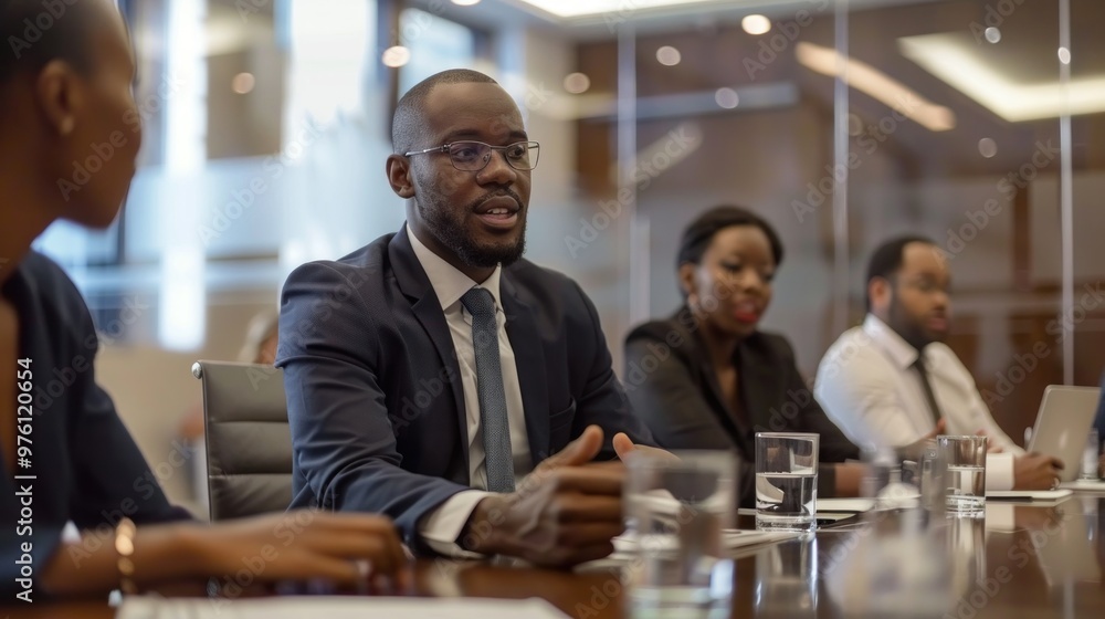 Business colleagues in formal attire discussing strategies in a boardroom. Business colleagues in formal attire discussing strategies in a boardroom.