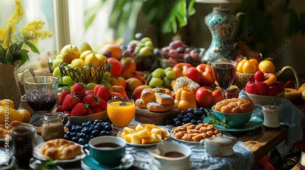 Elegant brunch spread, morning delights, leisurely dining Elegant brunch spread, morning delights, leisurely dining