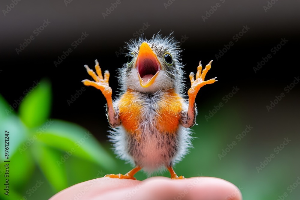 A baby bird fluffing its downy feathers as its tiny beak opens wide for its first meal A baby bird fluffing its downy feathers as its tiny beak opens wide for its first meal