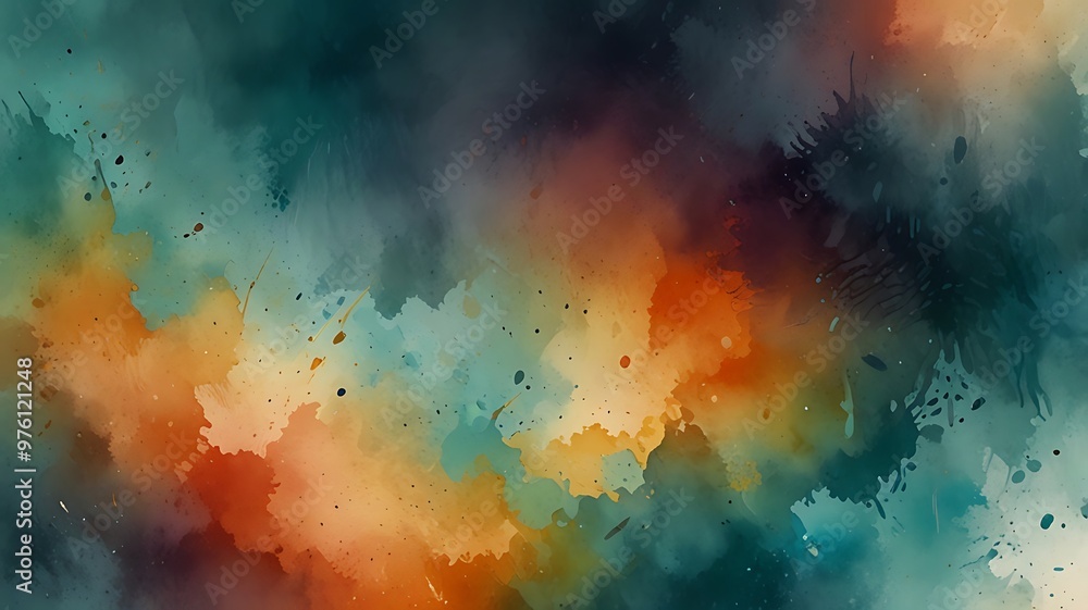 Fototapeta premium Watercolor Horizon: A Dynamic Blend of Warm Orange and Cool Teal in a Serene Mountain Landscape