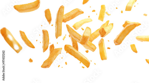 A captivating image of golden French fries cascading downward, emphasizing their crunchy texture and appetizing appearance, isolated on a pristine background