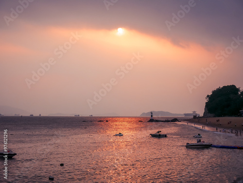 Landscape of Gangzihou beach with ancient stone bridge,located in Gulangyu island in Xiamen city,Fujian,China photo