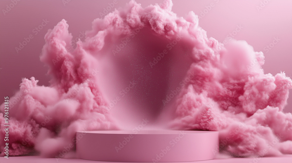 Pink podium with fluffy powder on a dark background, perfect for branding luxury cosmetics Pink podium with fluffy powder on a dark background, perfect for branding luxury cosmetics