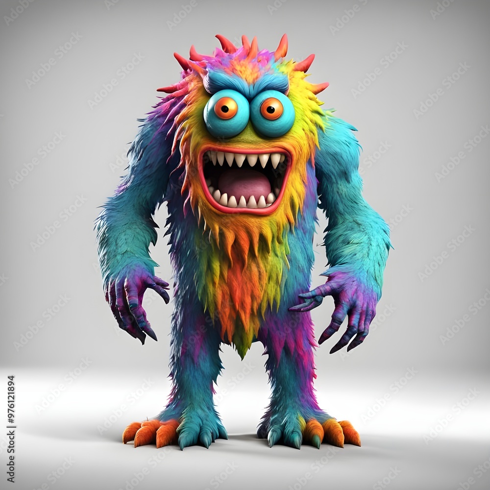 3D monster character with bold colors on white background under studio lights. 3D monster character with bold colors on white background under studio lights.