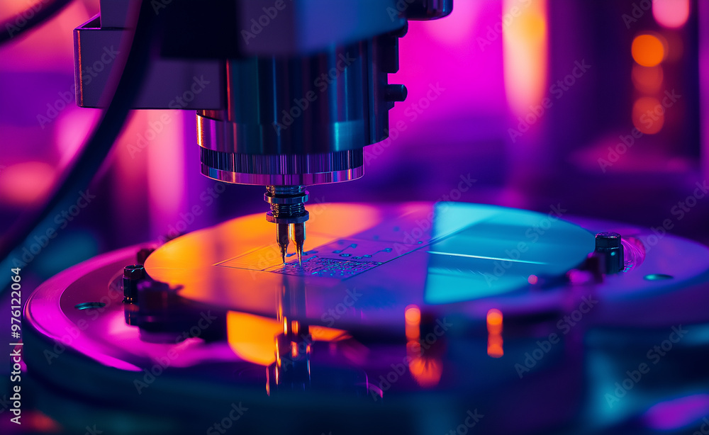 Close-up of a glowing microchip on a neon-lit circuit board in a futuristic setting. Close-up of a glowing microchip on a neon-lit circuit board in a futuristic setting.