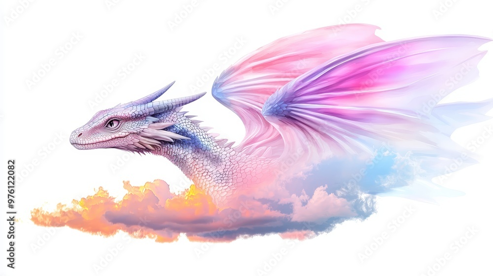 Obraz premium A majestic dragon soaring through colorful clouds, showcasing vibrant wings and a mystical aura in a fantasy landscape.
