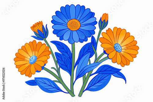 Illustration of the flowering plant with colourful flowers on a white background photo