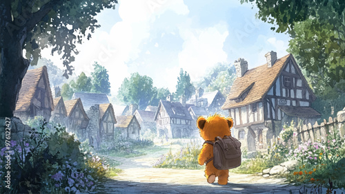 Cute Little Tiger Cub With Backpack Walking Down Street Cozy Village Watercolor Illustration For Childrens Book Adorable Character Charming Art Kids Storybook Playful Village Walk