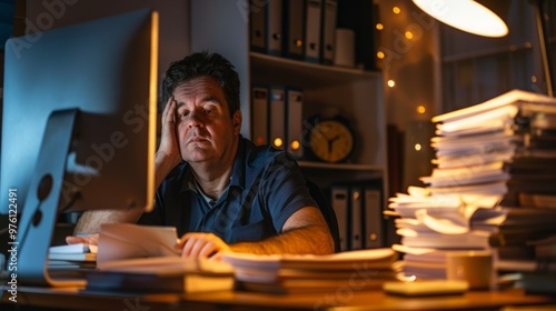 Tired office worker at desk lateat night, surrounded by stacksof papers and computerscreen,clock shows 10 PM,long workplace hours,professional workenvironment. photo