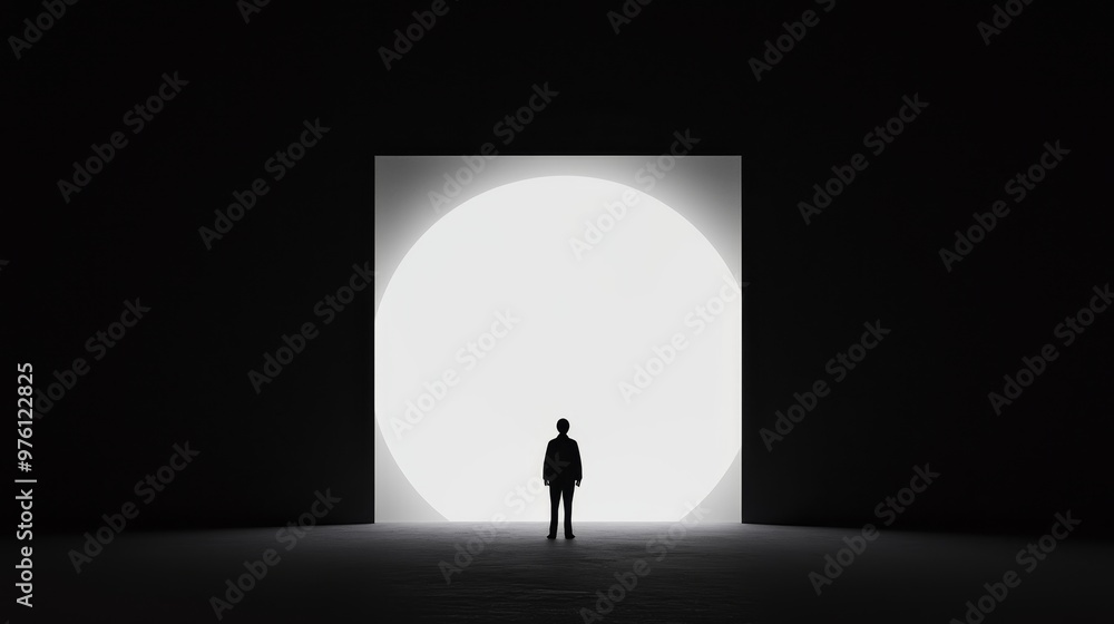 A solitary figure stands before a luminous portal, symbolizing hope and potential in a dark, minimalist environment. A solitary figure stands before a luminous portal, symbolizing hope and potential in a dark, minimalist environment.