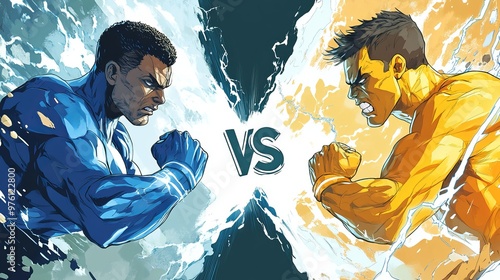 Two teams, one blue and one yellow, face off in a comic-style battle. They're shown on separate screens, separated by a lightning bolt with the word 