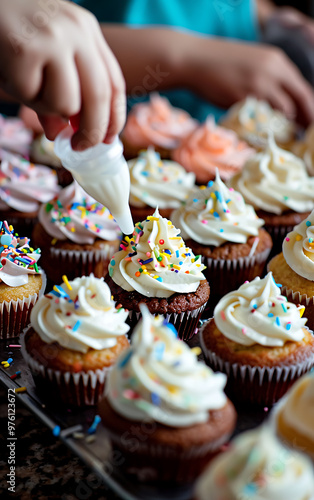 Close-up of friends piping icing onto freshly baked cupcakes using a pastry bag in a fun baking session