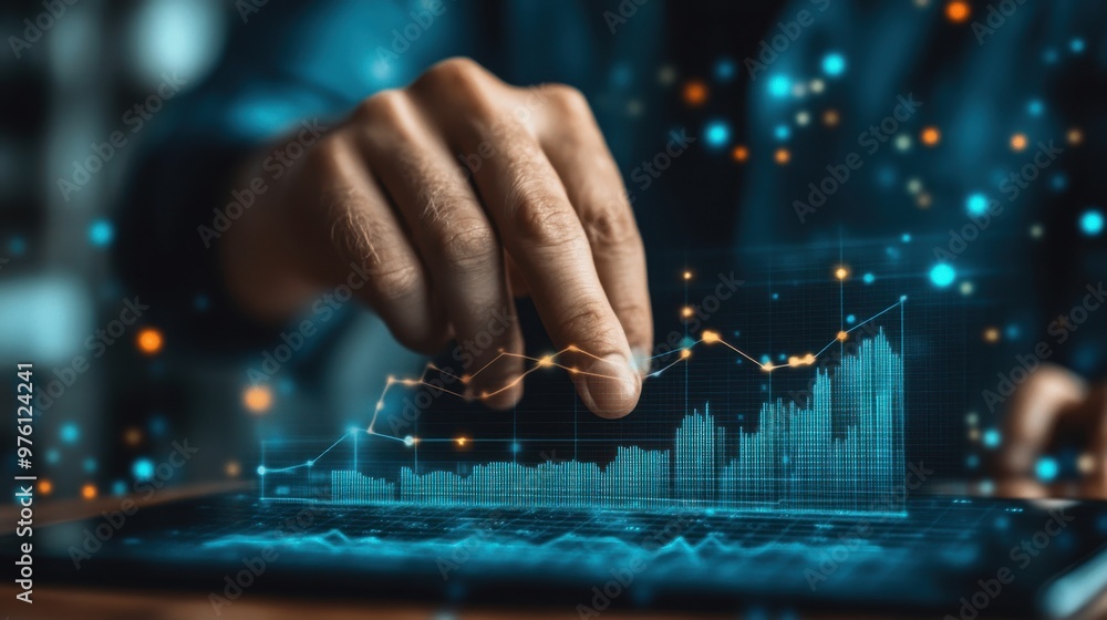 Real estate market growth and home investment concept. Real estate economic growth analysis. Person touching the real estate growth graph on virtual screen Real estate market growth and home investment concept. Real estate economic growth analysis. Person touching the real estate growth graph on virtual screen