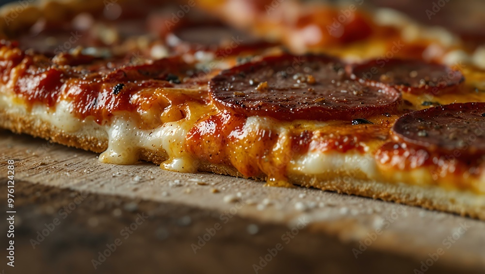 Macro shot of a pepperoni pizza slice. Macro shot of a pepperoni pizza slice.