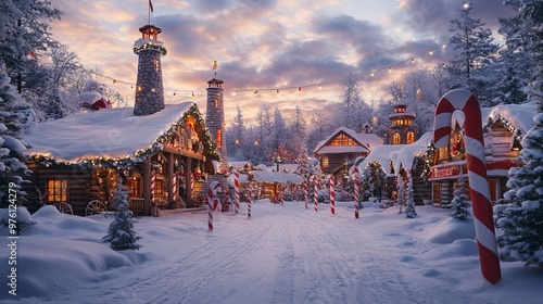 A Cozy and Enchanting View of Santa's Workshop Exterior Surrounded by Snow at the North Pole