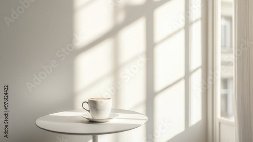 Floating Coffee Cup: A simple white coffee cup and saucer hover mid-air against a clean white background. The image evokes a sense of weightlessness and serenity.