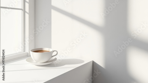 Wallpaper Mural Floating Coffee Cup: A simple white coffee cup and saucer hover mid-air against a clean white background. The image evokes a sense of weightlessness and serenity. Torontodigital.ca