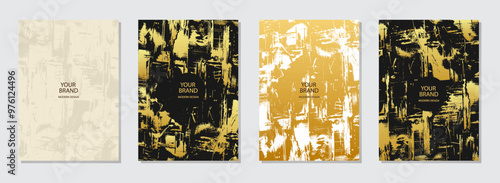 Cover design set. Textured marble backgrounds, gold texture. Geometric unique pattern with stains, cracks, scratches. Original collection, grunge overlay layer. Vertical templates.
