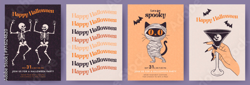 Happy Halloween set of cute hand drawn vector cartoon cards or party invitations with dancing skeletons, 
black cat dressed as a mummy, witch's hand with a cocktail. Trendy design for decor and ads