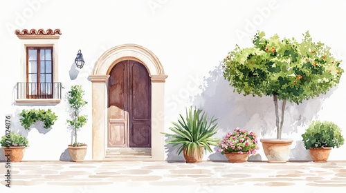 Charming entrance featuring a wooden door, potted plants, and a vibrant tree, perfect for illustrating tranquility and elegance. photo