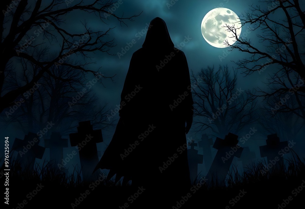 a shadowy silhouette of a person with a sinister aura standing in an eerie graveyard under a full moon create with ai a shadowy silhouette of a person with a sinister aura standing in an eerie graveyard under a full moon create with ai