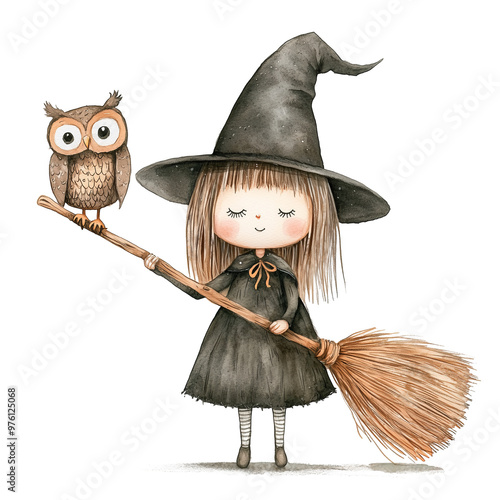 A cute little witch holding a broomstick with an owl sitting on it, isolated on a transparent background. Suitable for children's illustrations, Halloween-themed projects, and magical adventures. photo