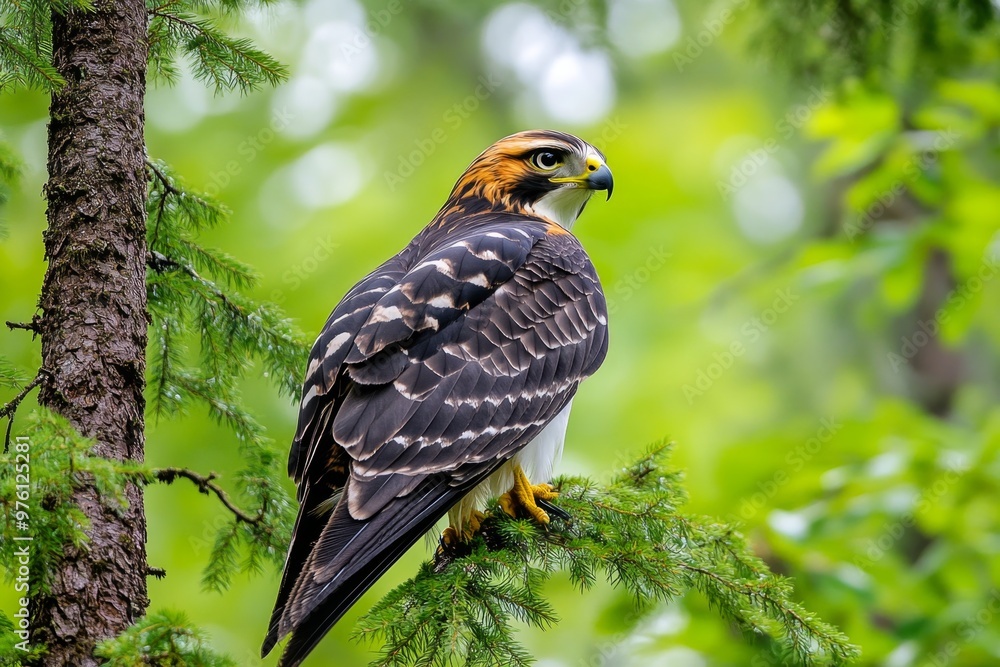 A hawk perched high in a tree, scanning the forest with its sharp eyes, its feathers sleek and its beak ready for the hunt A hawk perched high in a tree, scanning the forest with its sharp eyes, its feathers sleek and its beak ready for the hunt