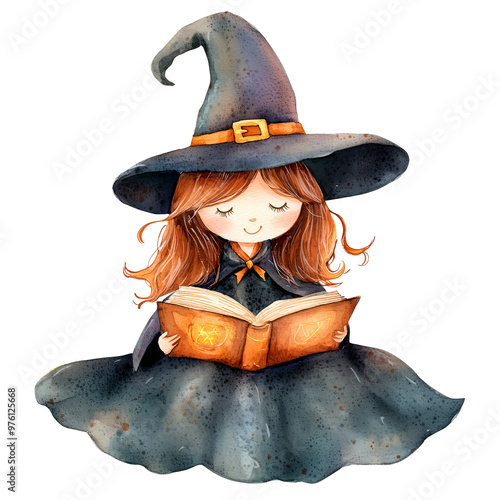 A cute little witch with red hair reading a magical book, isolated on a transparent background. Suitable for children's illustrations, Halloween-themed projects, and magical stories. photo