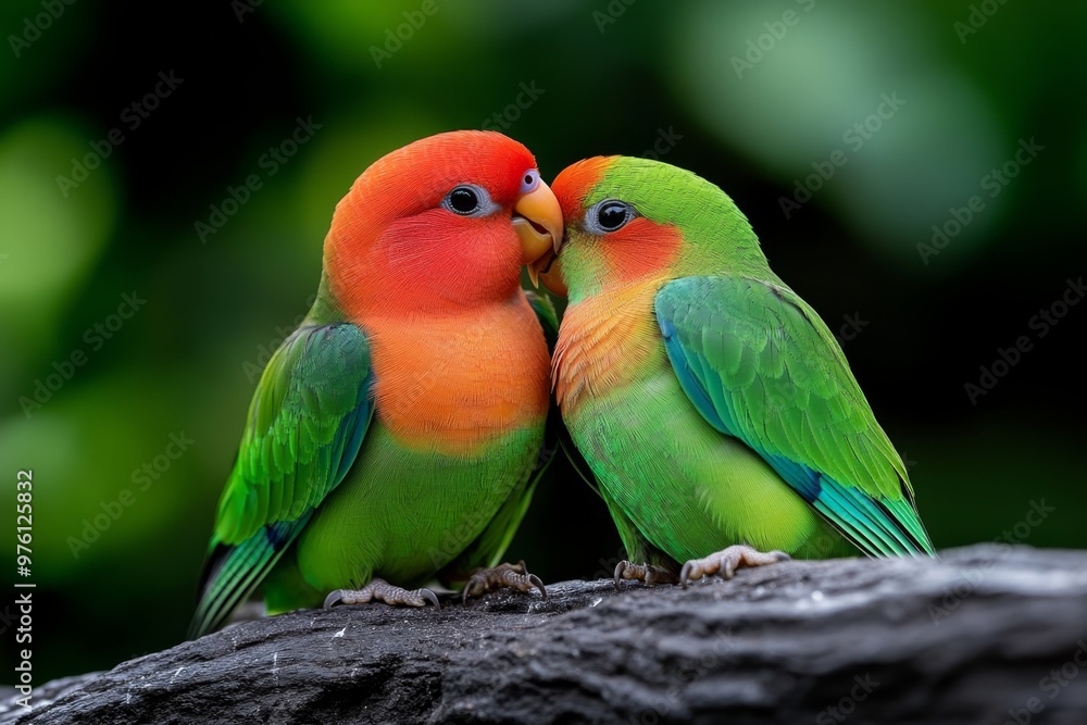 A lovebird snuggling its mate, gently nuzzling with their beaks as their vibrant feathers blend together in harmony A lovebird snuggling its mate, gently nuzzling with their beaks as their vibrant feathers blend together in harmony