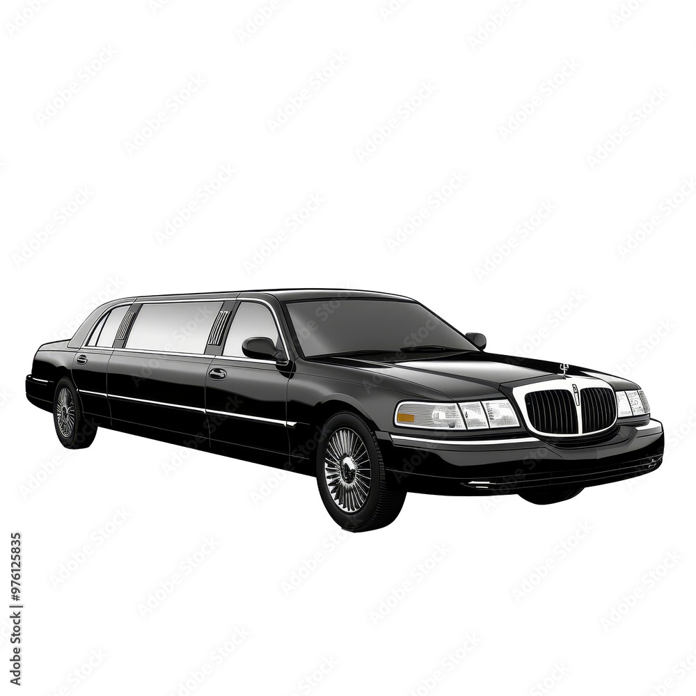 Naklejka premium A sleek black limousine parked on a transparent background, showcasing its luxurious design and elegant features for transportation events
