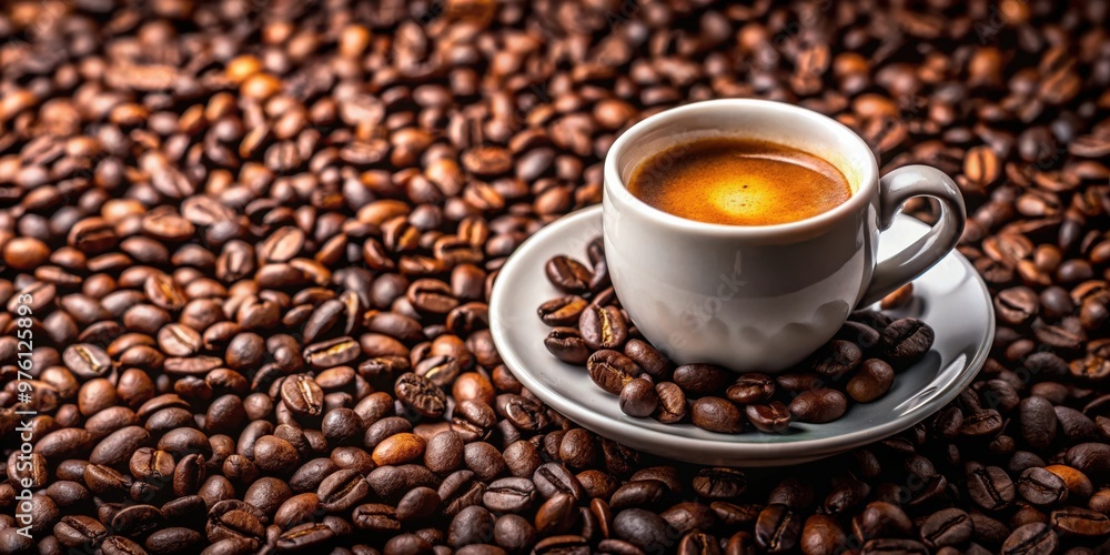 Cenital view of fresh expresso coffee in a cup surrounded by roasted beans Cenital view of fresh expresso coffee in a cup surrounded by roasted beans