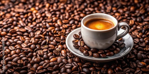 Cenital view of fresh expresso coffee in a cup surrounded by roasted beans