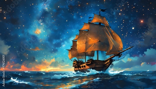 Majestic pirate ship gliding through a starry night sky in a captivating digital illustration photo