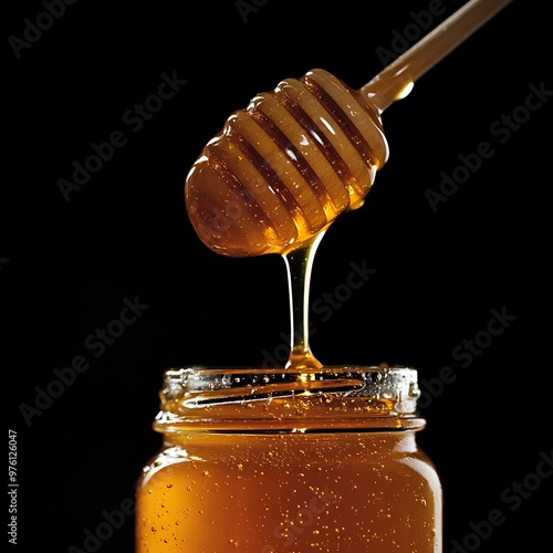 A wooden honey dipper drips golden honey into a glass jar on a black background. photo