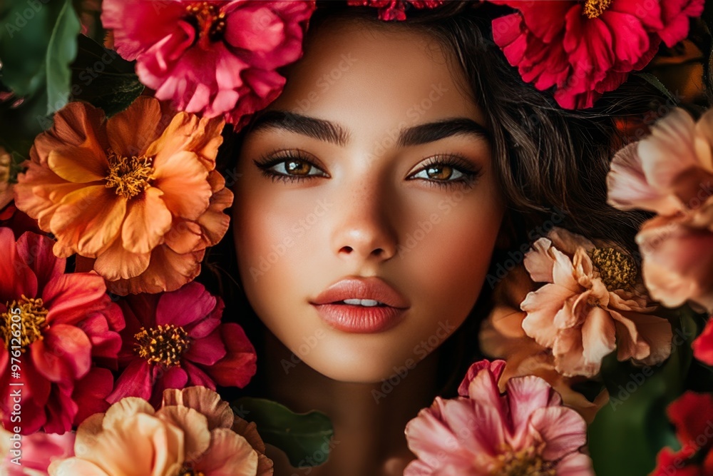 Striking portrait of a woman adorned with vibrant flowers, merging beauty and nature in art. Striking portrait of a woman adorned with vibrant flowers, merging beauty and nature in art.