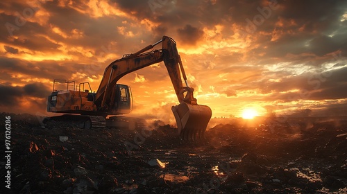 A yellow excavator working in a landfill at sunset. The excavator is silhouetted against the bright orange and red sky, creating a dramatic and powerful image.