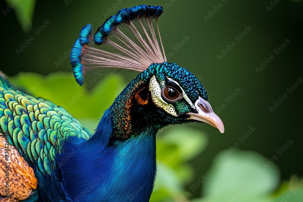 A peacock displaying its elaborate tail feathers, with a curious tilt of its beak as it observes its surroundings A peacock displaying its elaborate tail feathers, with a curious tilt of its beak as it observes its surroundings