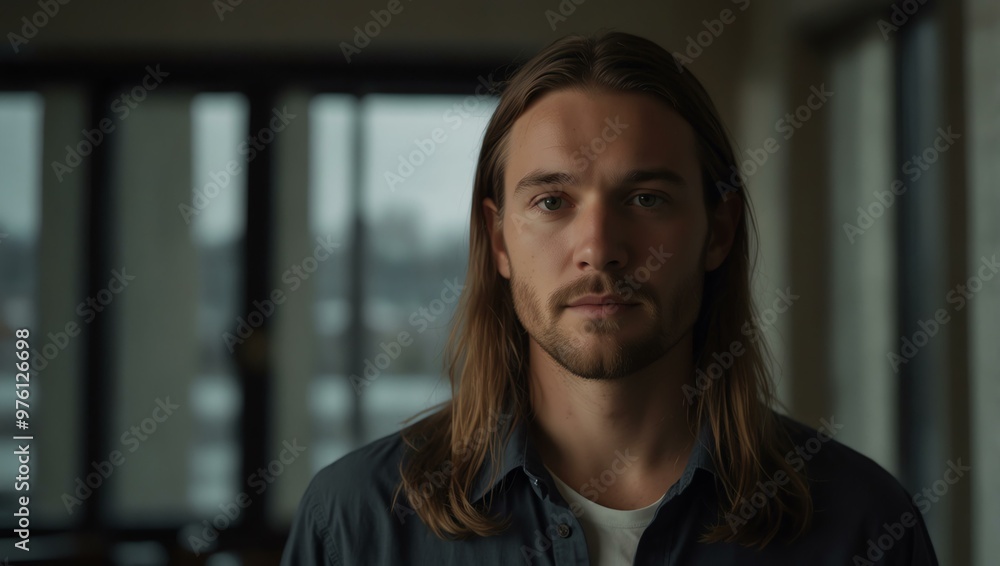 Man with long hair in front of a window. Man with long hair in front of a window.