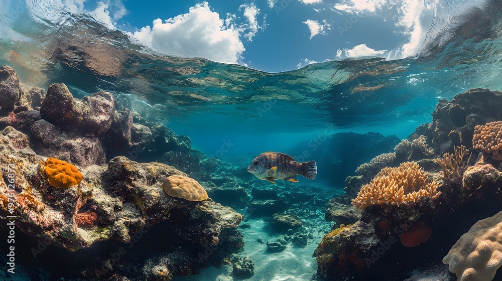 Obraz premium 18. The rocky, submerged area of a tropical lagoon where a stonefish hides among the corals